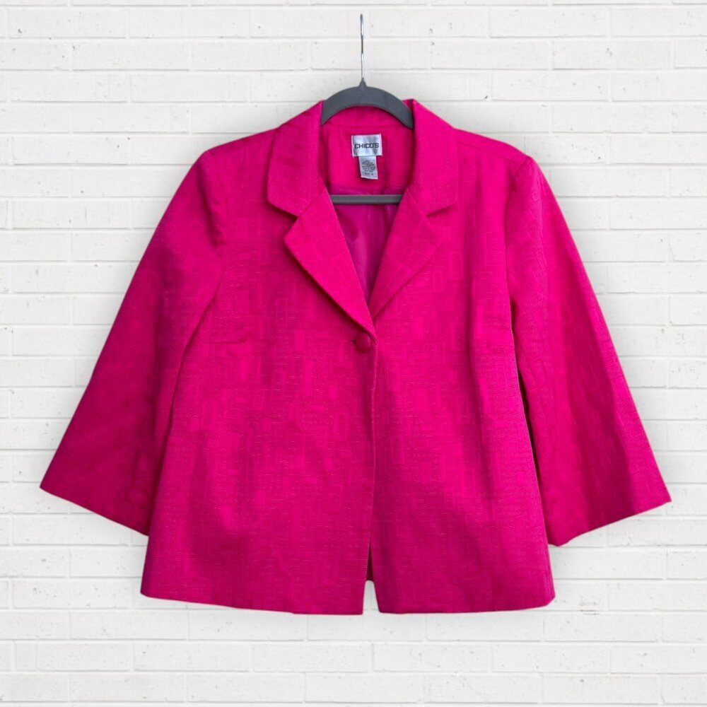 CHICOS Bright Hot Pink Geometric 1-Button Cropped Blazer Jacket 1.5 Size 8 10